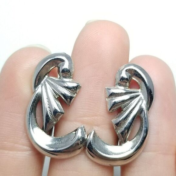 Vintage Sterling Silver Scroll Design Clip On Screw Back Earrings, Retro Estate - Picture 1 of 7